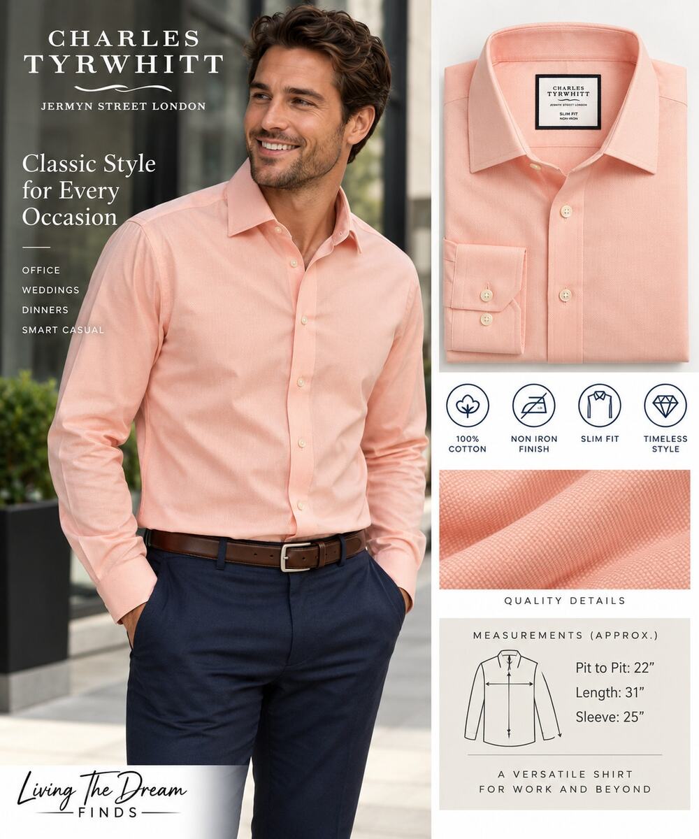Charles Tyrwhitt Men’s Dress Shirt 16/34 Slim Fit Peach Pink 100% Cotton